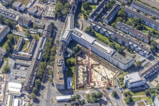 Aerial view, construction site and new building UpperNord Tower on Mercedesstraße in the Düsseltal
