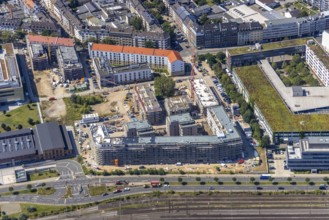 Aerial view, construction site and new building at the campus of the Düsseldorf University of