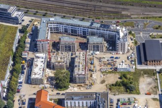 Aerial view, construction site and new building at the campus of the Düsseldorf University of