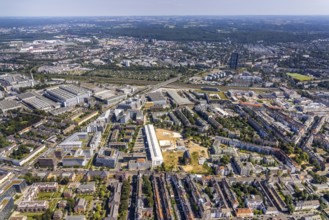 Aerial view, construction site Ulmer Höh and new construction city quarter maxfrei in the district