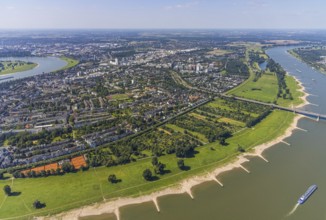 Aerial view, river Rhine Rheinaue and district Niederkassel, Düsseldorf, Rhineland, North