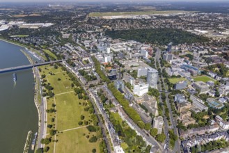 Aerial view, office centre between the Rheinaue and the Kennedydamm as well as construction site