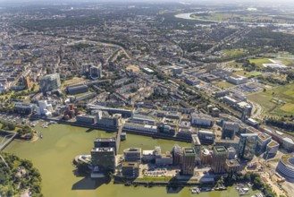 Aerial view, Medienhafen in the former Rhine harbour in Düsseldorf, Rhineland, North