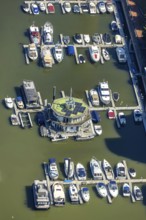 Aerial view, Marina Düsseldorf Yachthafen im Medienhafen Düsseldorf, Rhineland, North