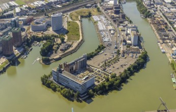 Aerial view, Plange Mühle conversion for a clinic in the media harbour in the harbour in
