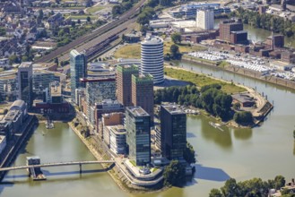 Aerial view, Media harbour skyline in the former Rhine harbour in Düsseldorf, Rhineland, North