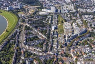 Aerial view, new residential neighbourhood Belsenpark, Ria-Thiele-Straße in Oberkassel, Düsseldorf,