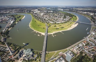 Aerial view, Rhine Tower and State Parliament of North Rhine-Westphalia on the river Rhine with