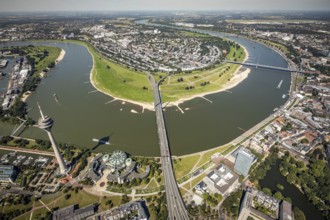 Aerial view, Rhine Tower and State Parliament of North Rhine-Westphalia on the river Rhine with
