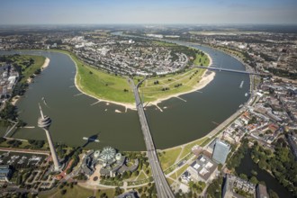 Aerial view, Rhine Tower and State Parliament of North Rhine-Westphalia on the river Rhine with