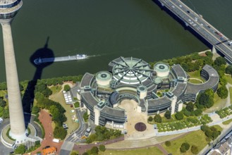 Aerial view, Rhine Tower and State Parliament of North Rhine-Westphalia at the river Rhine in the