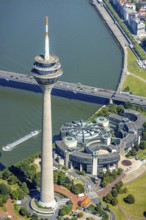Aerial view, Rhine Tower and State Parliament of North Rhine-Westphalia at the river Rhine in the