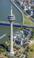 Aerial view, Rhine Tower and State Parliament of North Rhine-Westphalia at the river Rhine in the