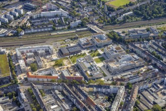 Aerial view, construction site with new building at the campus of the Düsseldorf University of