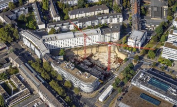 Aerial view, construction site on Mercedesstraße with new construction of an office and residential