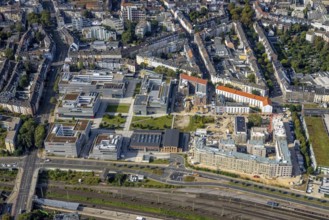 Aerial view, construction site with new building at the campus of the Düsseldorf University of