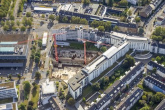 Aerial view, construction site on Mercedesstraße with new construction of an office and residential