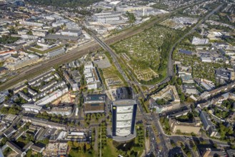 Aerial view, ARAG Tower with construction site on Mercedesstraße with new construction of an office