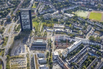 Aerial view, ARAG Tower with construction site on Mercedesstraße with new construction of an office