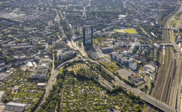 Aerial view, ARAG Tower with construction site on Mercedesstraße with new construction of an office