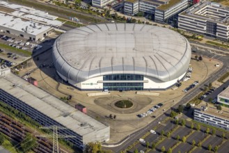 Aerial view, PSD BANK DOME event arena in the Rath district of Düsseldorf, Rhineland, North