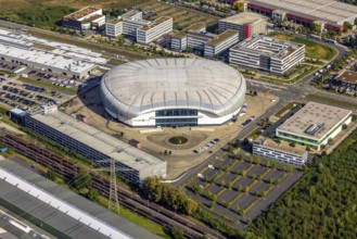 Aerial view, PSD BANK DOME event arena in the Rath district of Düsseldorf, Rhineland, North