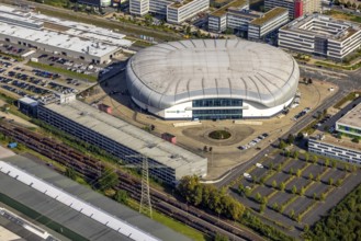 Aerial view, PSD BANK DOME event arena in the Rath district of Düsseldorf, Rhineland, North