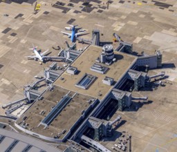 Aerial photograph, Düsseldorf Airport in the Lohausen district of Düsseldorf, Rhineland, North