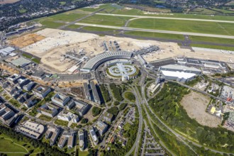 Aerial view, Düsseldorf Airport and Air Park business centre in the Lohausen district of