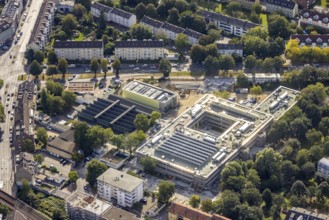 Aerial view, construction site at Friedrich-Rückert-Gymnasium and Weiterbildungskolleg with evening