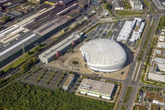 Aerial view, PSD BANK DOME event arena in the Rath district of Düsseldorf, Rhineland, North