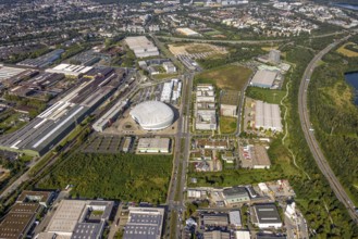 Aerial view, PSD BANK DOME event arena in the Rath district of Düsseldorf, Rhineland, North