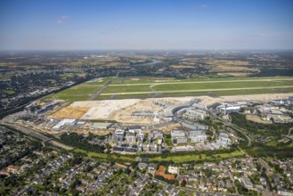 Aerial view, Düsseldorf Airport and Air Park business centre in the Lohausen district of