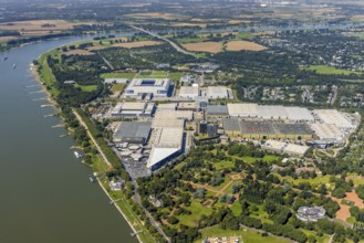 Aerial view, Messe Düsseldorf grounds and Merkur Spiel-Arena Bundesliga stadium in the Stockum