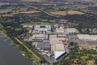 Aerial view, Messe Düsseldorf grounds and Merkur Spiel-Arena Bundesliga stadium in the Stockum