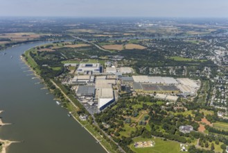Aerial view, Messe Düsseldorf grounds and Merkur Spiel-Arena Bundesliga stadium in the Stockum