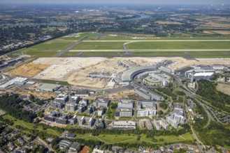 Aerial view, Düsseldorf Airport and Air Park business centre in the Lohausen district of