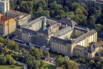 Aerial view, Düsseldorf district government with renovation work on the facade in the Pempelfort