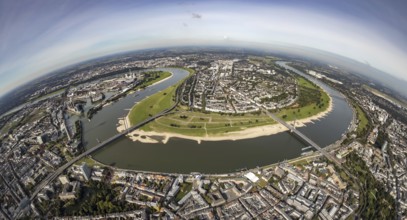 Aerial view, fisheye view river Rhine with Rheinkniebrücke and Oberkasseler Brücke and district