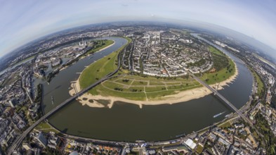 Aerial view, fisheye view river Rhine with Rheinkniebrücke and Oberkasseler Brücke and district