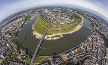 Aerial view, fisheye view river Rhine with Rheinkniebrücke and Oberkasseler Brücke and district