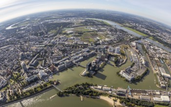 Aerial view, fisheye view of the Medienhafen in the harbour district of Düsseldorf, Rhineland,