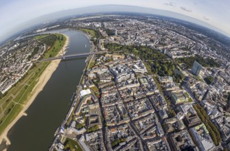 Aerial view, fisheye view of the river Rhine and Oberkasseler bridge in the Carlstadt district of
