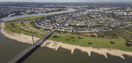 Aerial view, river Rhine with Rheinkniebrücke and district Oberkassel in Düsseldorf, Rhineland,