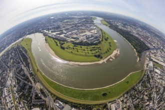 Aerial view, fisheye view of the Medienhafen at the river Rhine with Rhine bend in the district