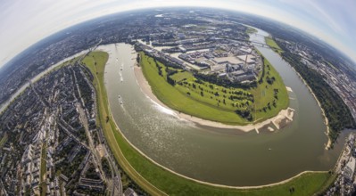 Aerial view, fisheye view of the Medienhafen at the river Rhine with Rhine bend in the district