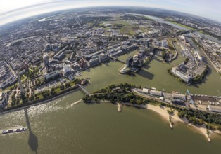 Aerial view, fisheye view of the Medienhafen in the harbour district of Düsseldorf, Rhineland,