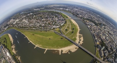 Aerial view, fisheye view river Rhine with Rheinkniebrücke and Oberkasseler Brücke and district