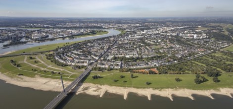 Aerial view, river Rhine with Rheinkniebrücke and district Oberkassel in Düsseldorf, Rhineland,