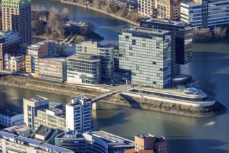 Aerial view, office buildings and commercial buildings in the media harbour with Hyatt Regency